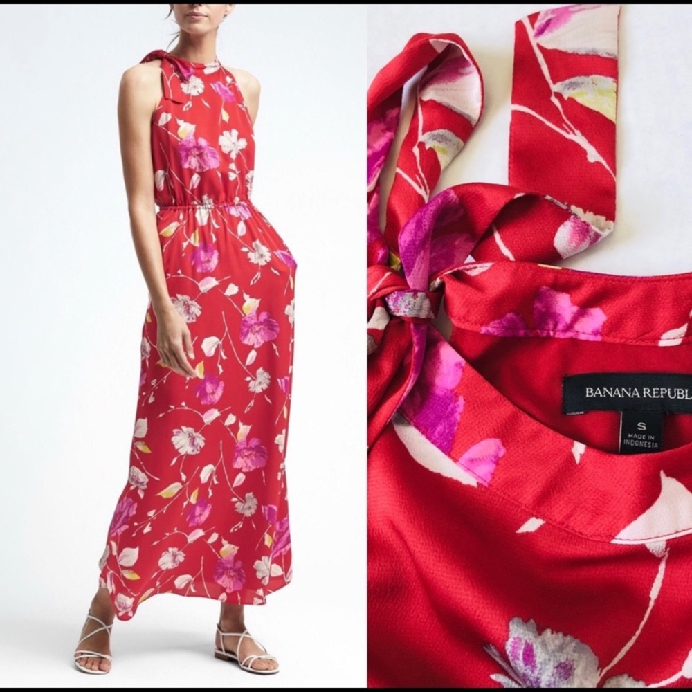 Banana Republic Halter Tie Maxi Silky Long Red Floral Dress
